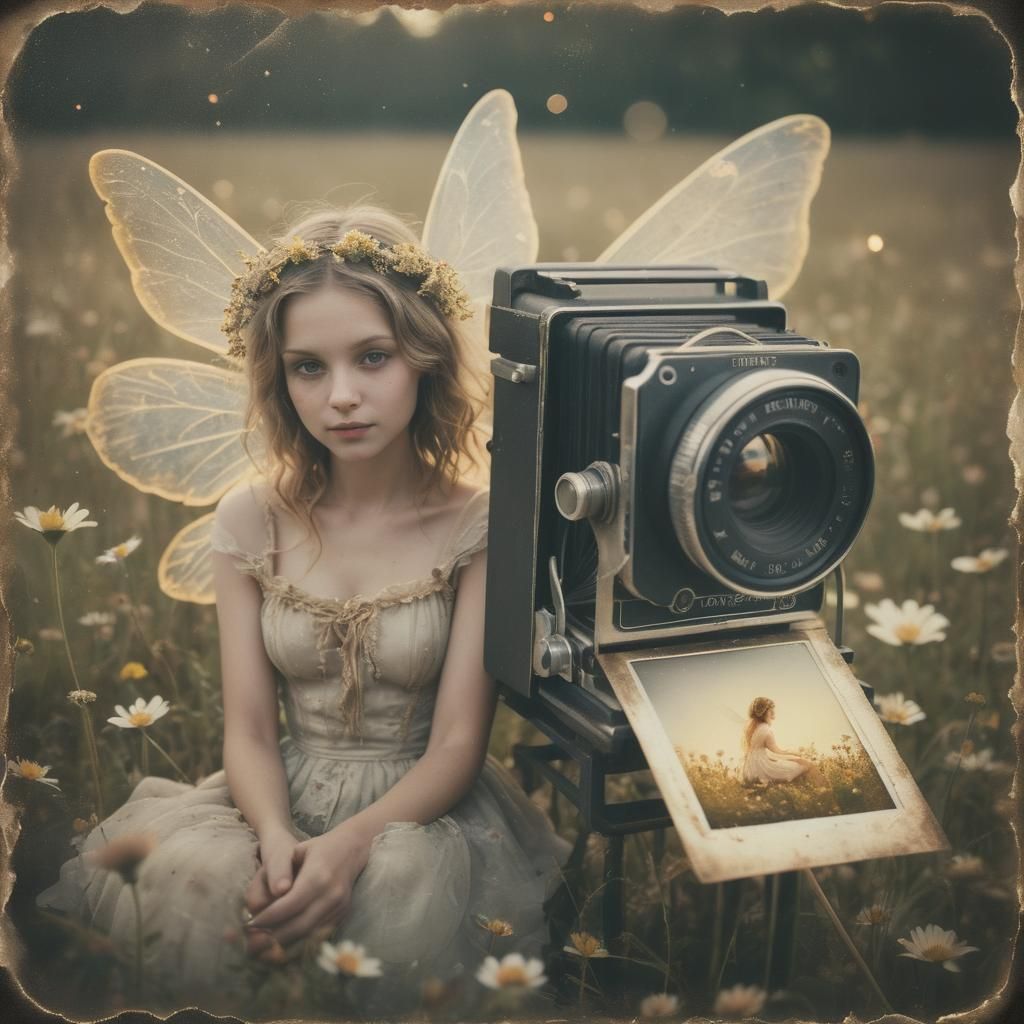 Fairy in Flower Field: Vintage Polaroid Magic Realism