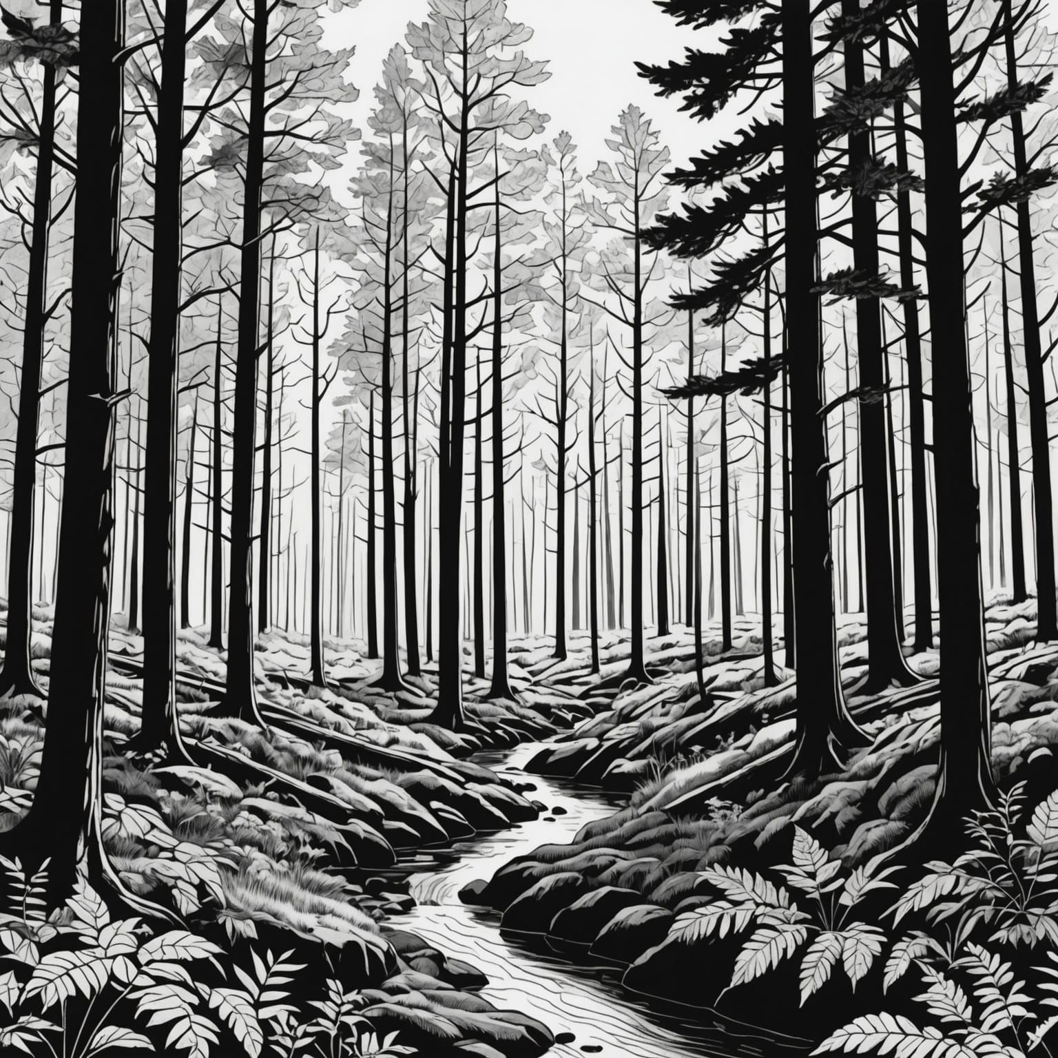 Detailed Forest Black and White Coloring Page
