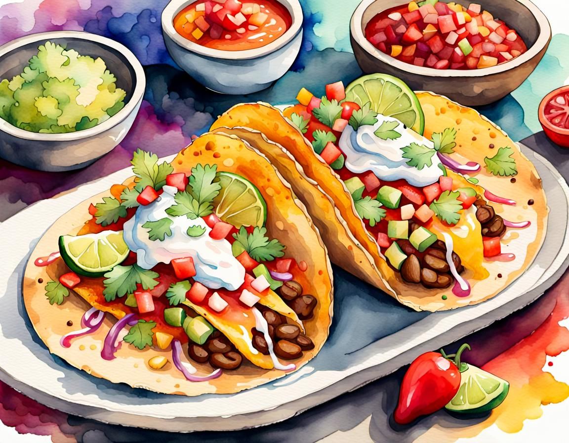 Vibrant Watercolour Painting of Delicious Mexican Cuisine