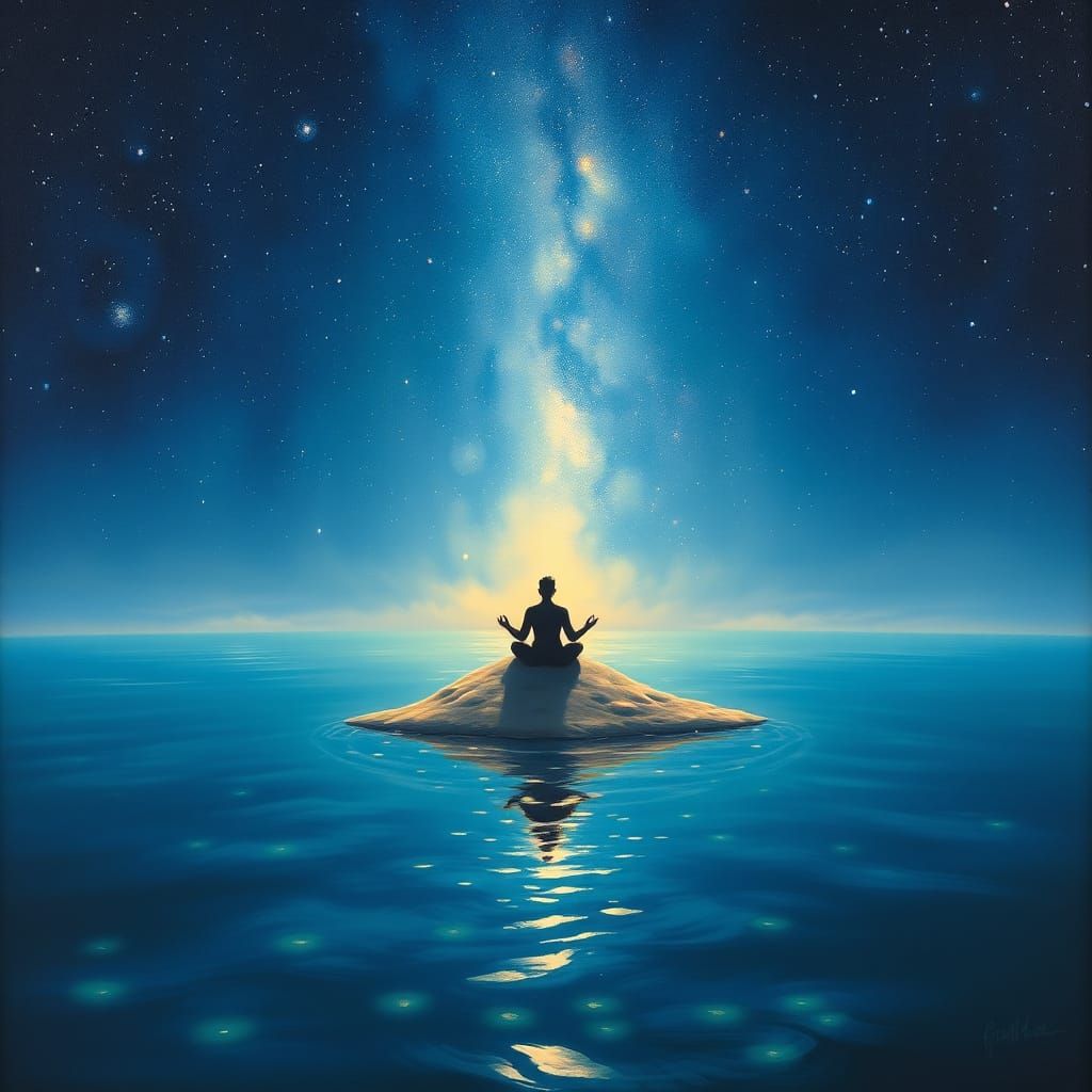 Solitary Meditation on Desert Island Under Starry Night Sky