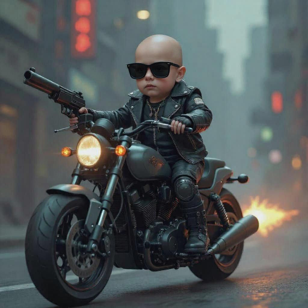 Terminator Baby on Motorcycle with Shotgun