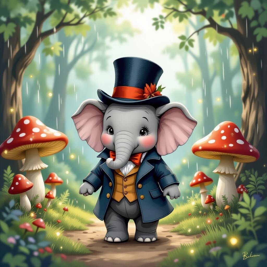 Felt Elephant in Whimsical Forest, Children's Book Illustrat...