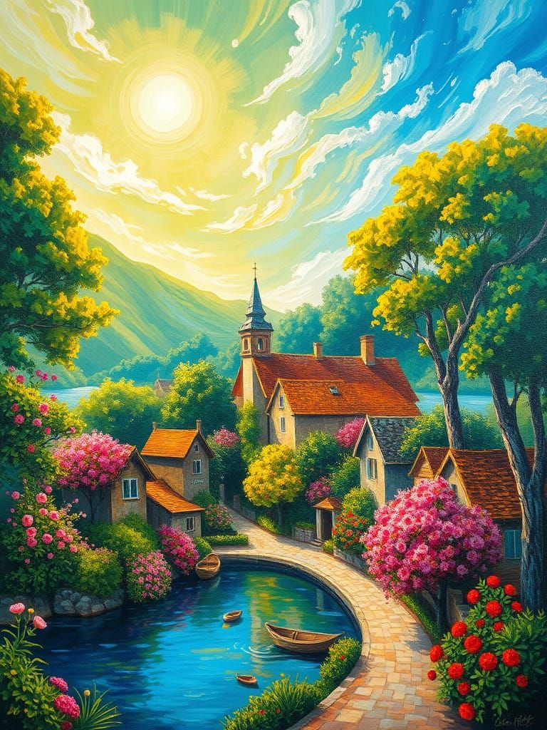 Village Scene in Vibrant Spring Colors