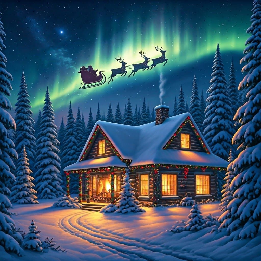 Cozy Winter Wonderland Scene with Santa's Sleigh