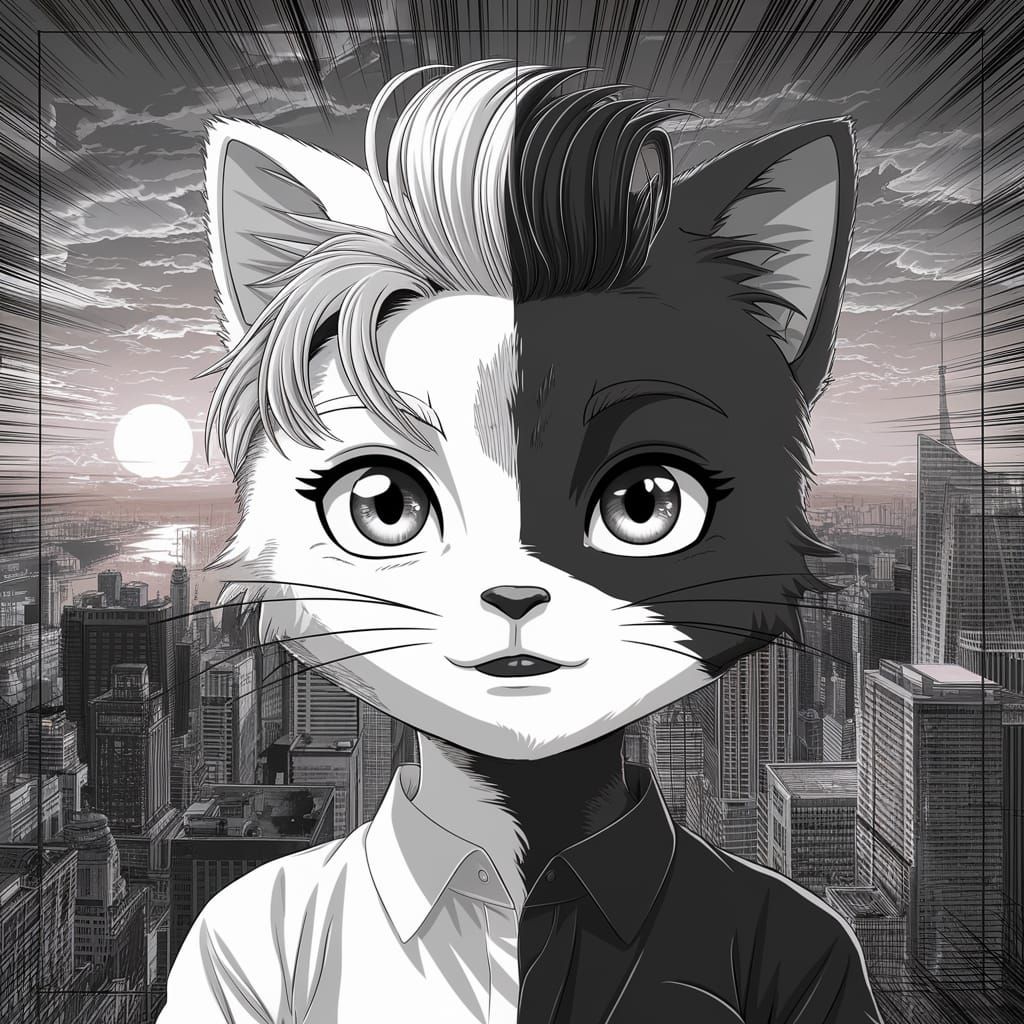 Manga Cat Character in Anime Cityscape by Studio Trigger