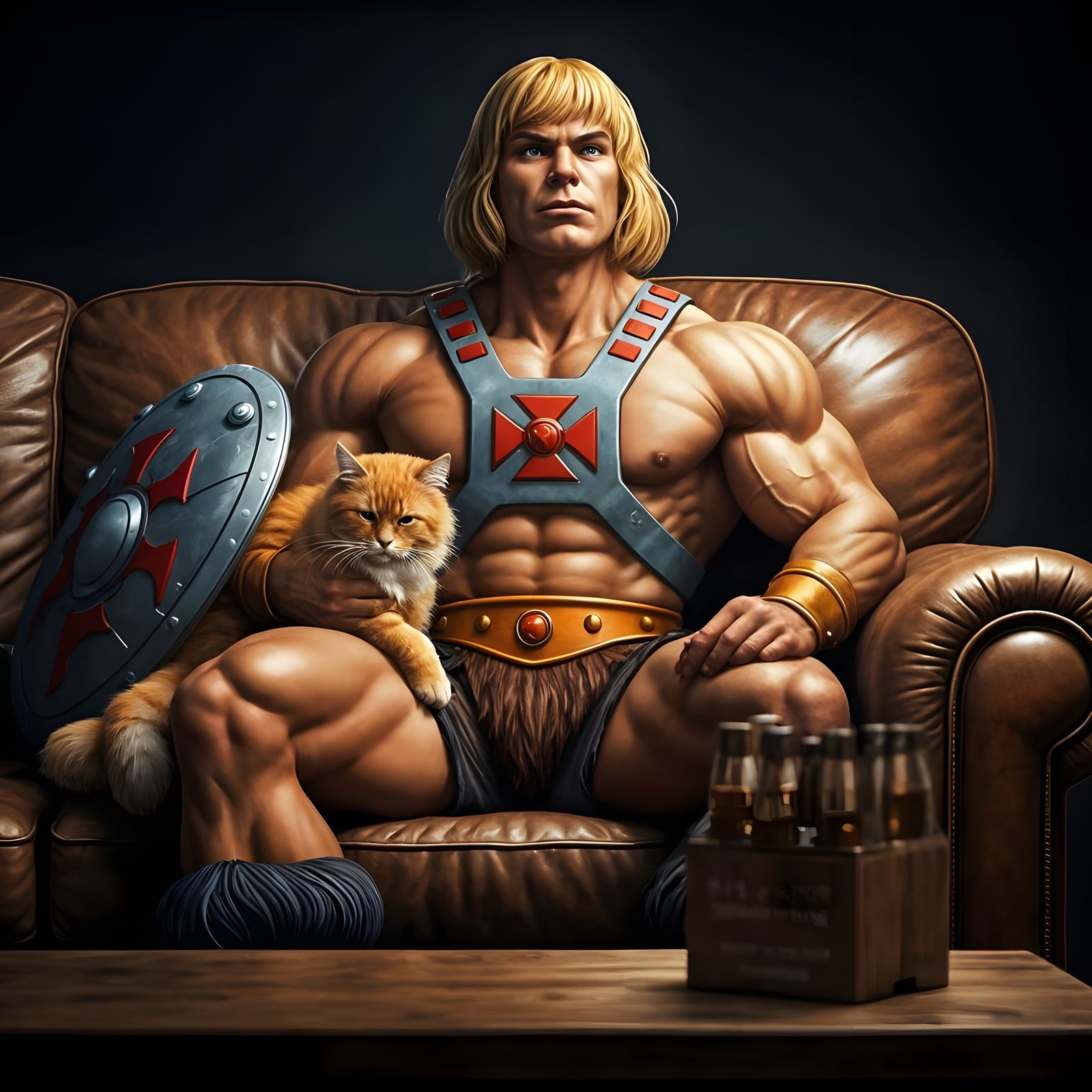 Muscular Hero Relaxing with Orange Cat and Beer