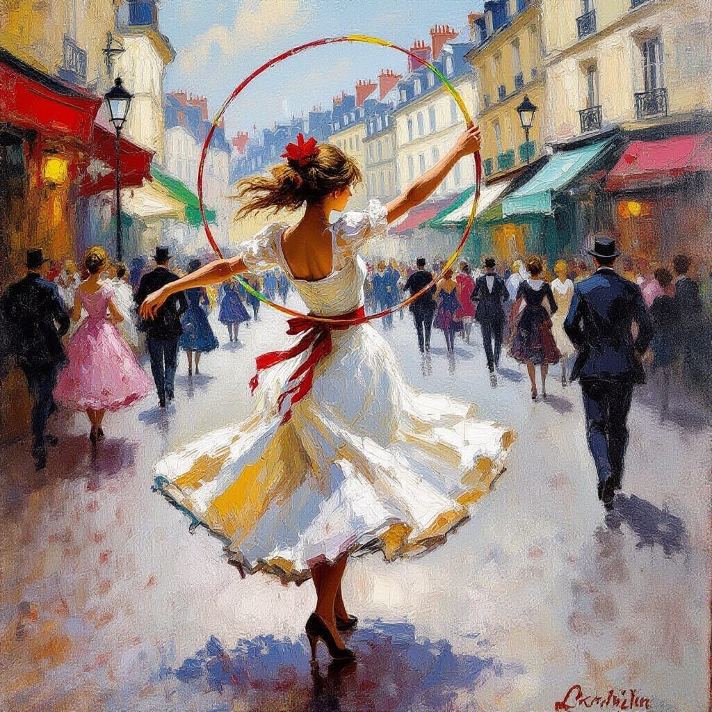 Girl Dancing with Hoop in Impressionist Oil Painting