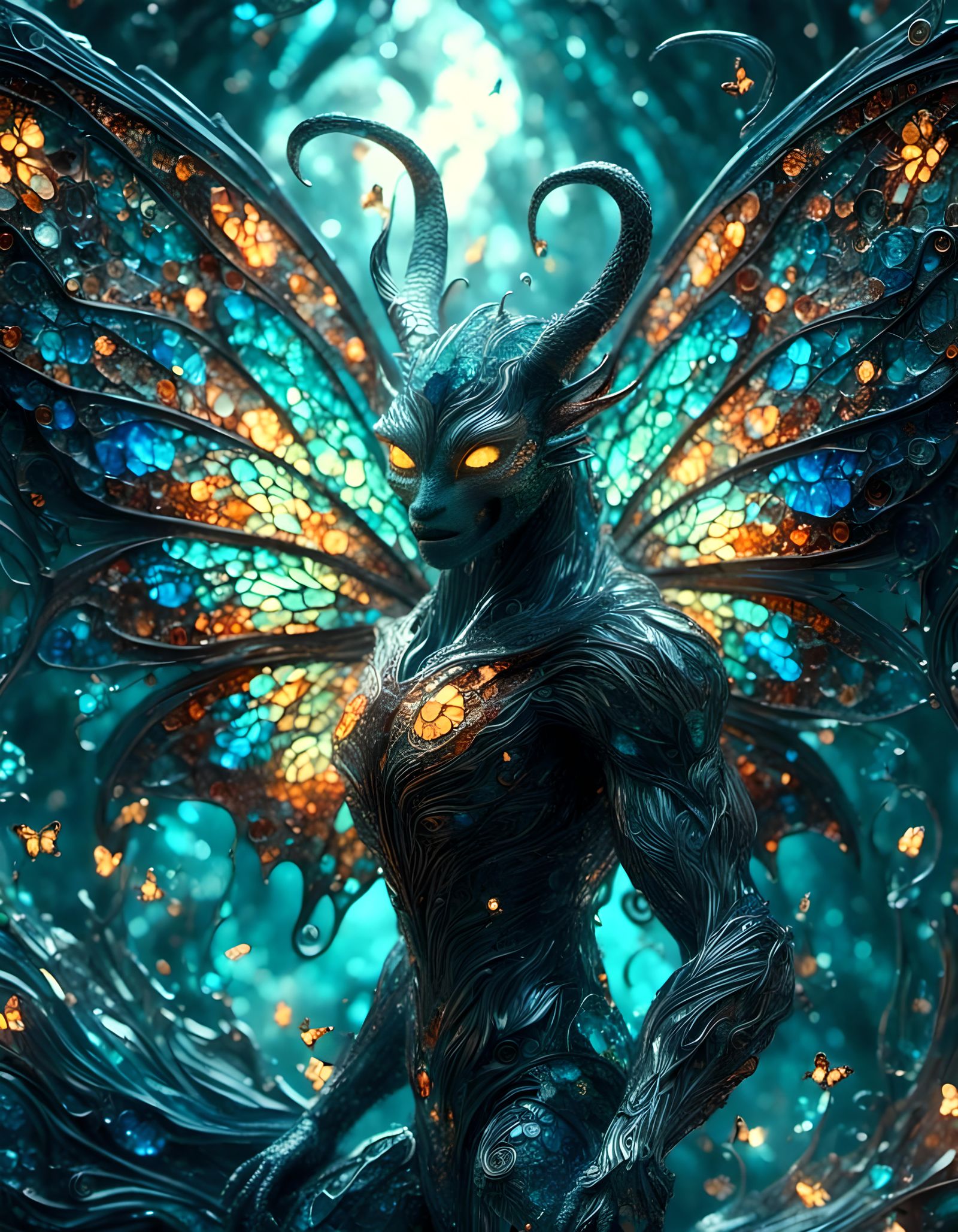 Bioluminescent Demon Mosaic with Butterfly Wings