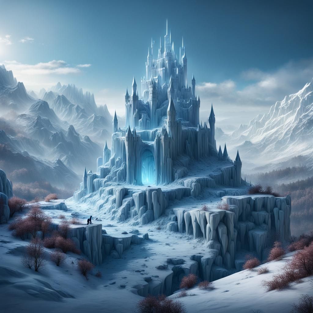 Icy Castle on Mountain Range in Detailed Matte Painting