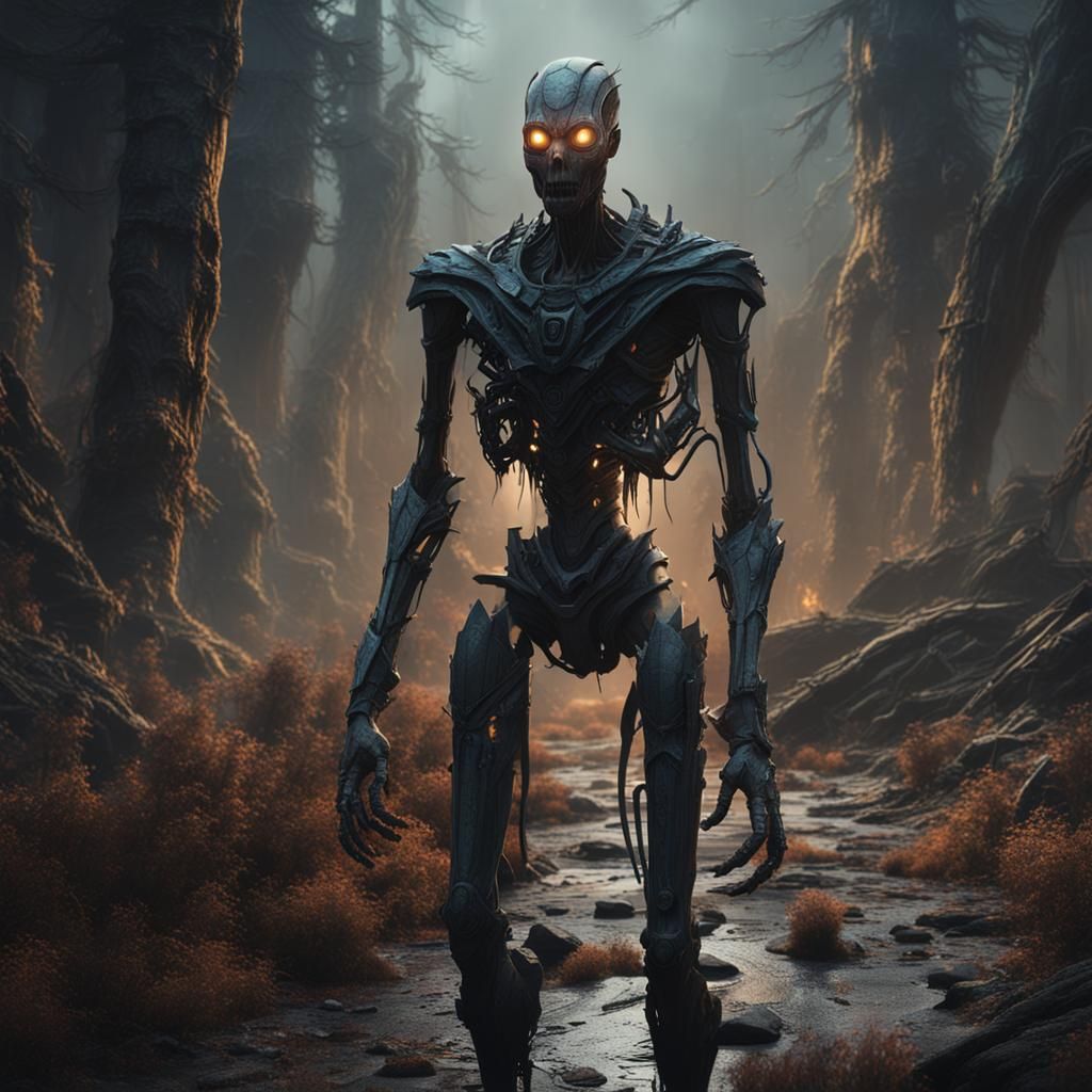 Terrifying Slender Humanoid in Detailed Matte Painting