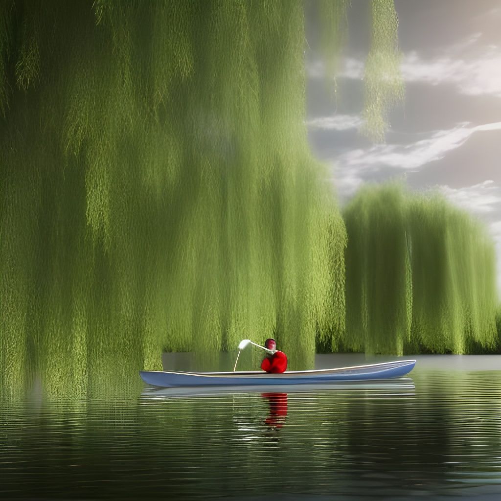 Cinematic River Scene with Boat and Willow Trees