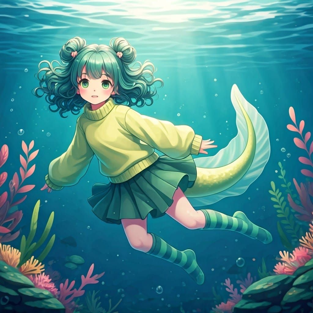 Whimsical Underwater Anime Girl in Pastel Hues