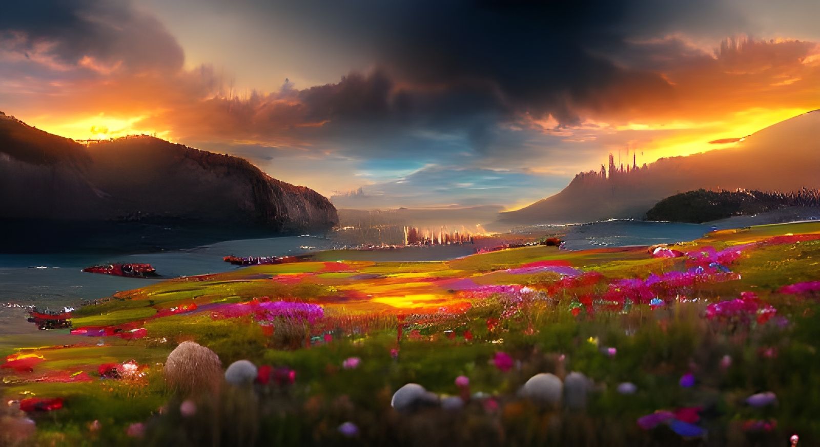 Fantasy Sunset Over Flower Meadow Landscape