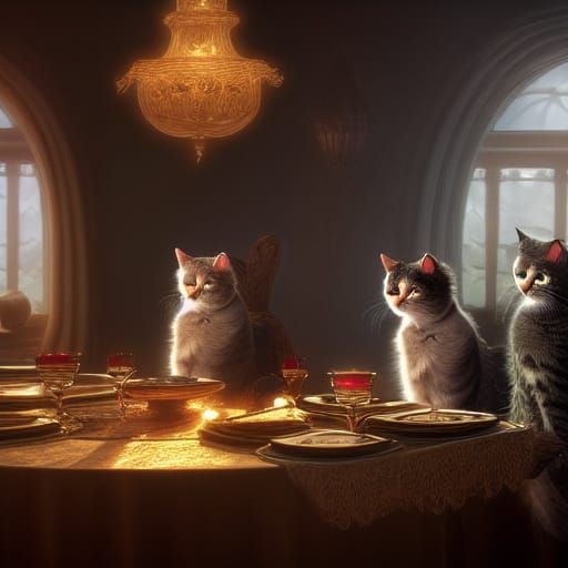 Cats' Fine Dining: Detailed Matte Painting