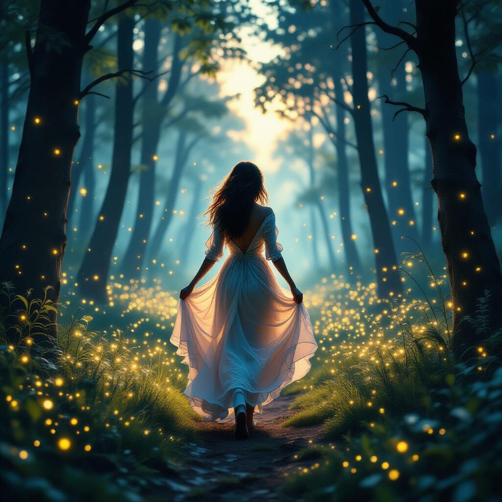 Whimsical Woman in Glowing Forest Digital Painting