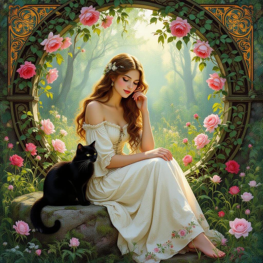 Enchanted Forest Glade with Woman and Cat