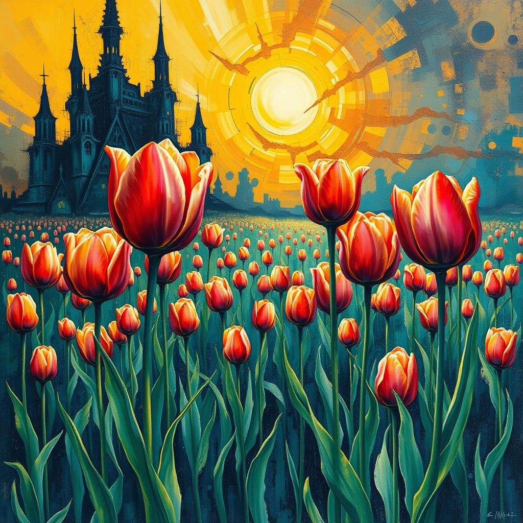 Vibrant Tulips in Fluorescent Impasto Style