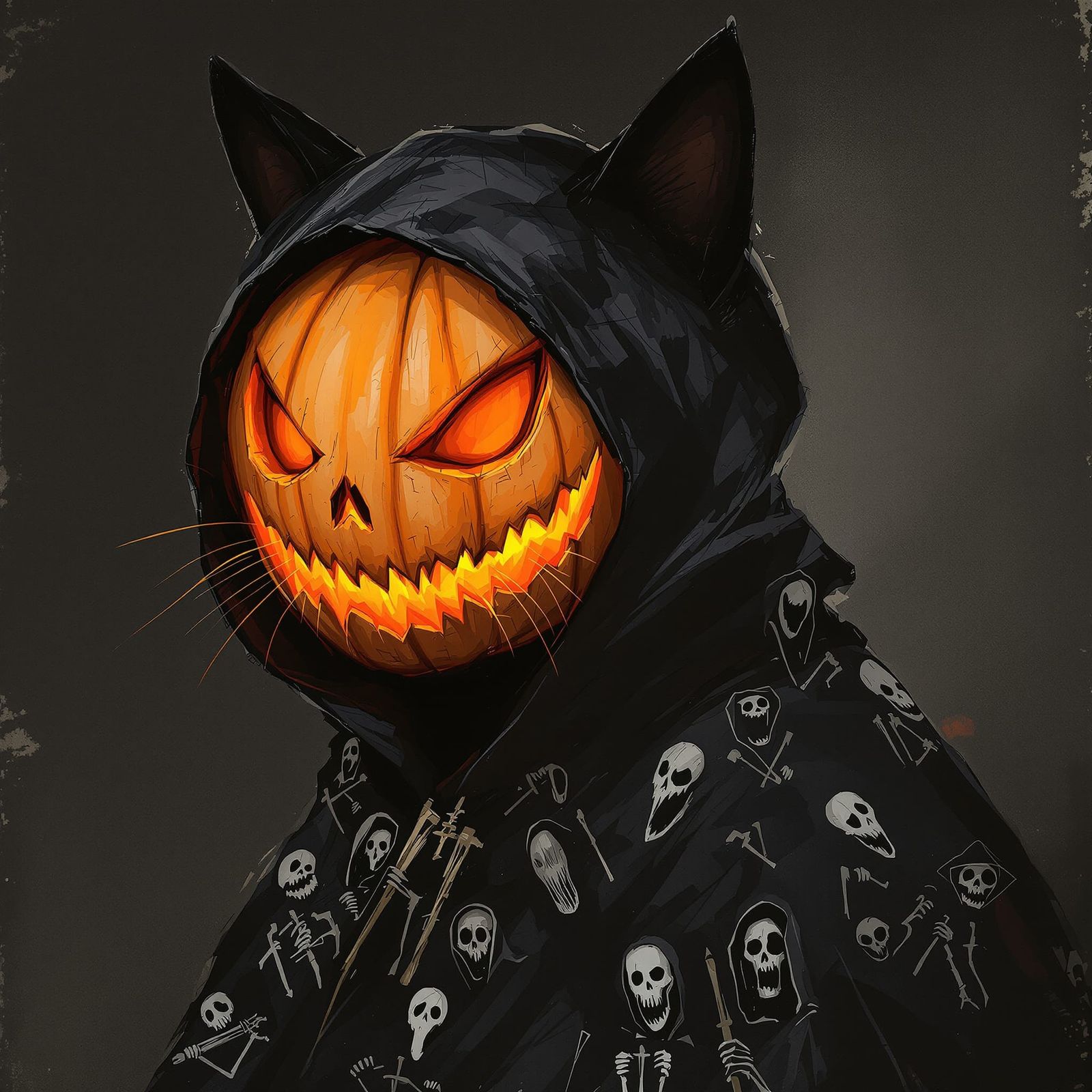 Black Cat in Halloween Pumpkin Costume with Grim Reaper Cape