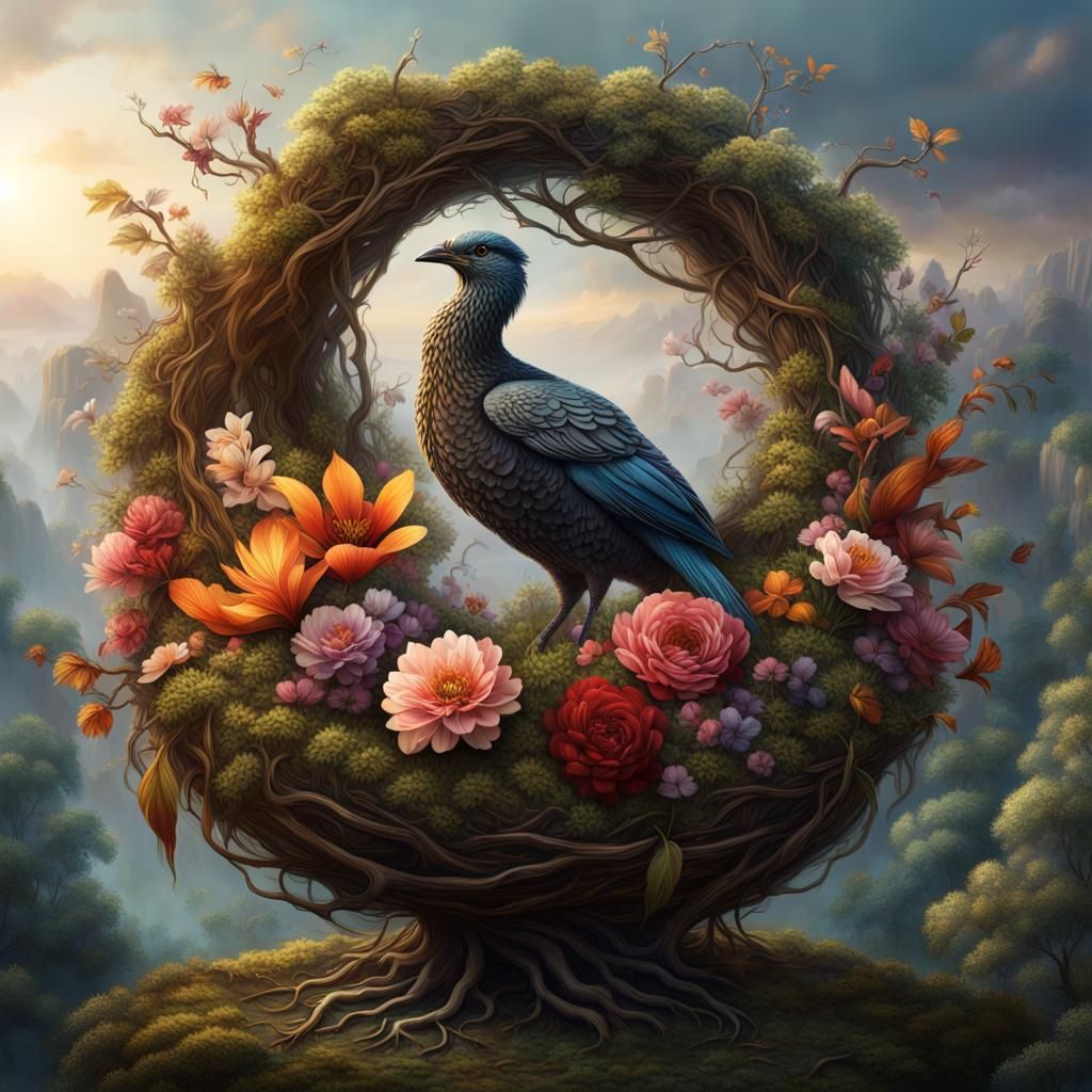 Depict a flower arrangement nestled within a large, ornamental bird's nest, merging the ideas of nurture, protection, an...