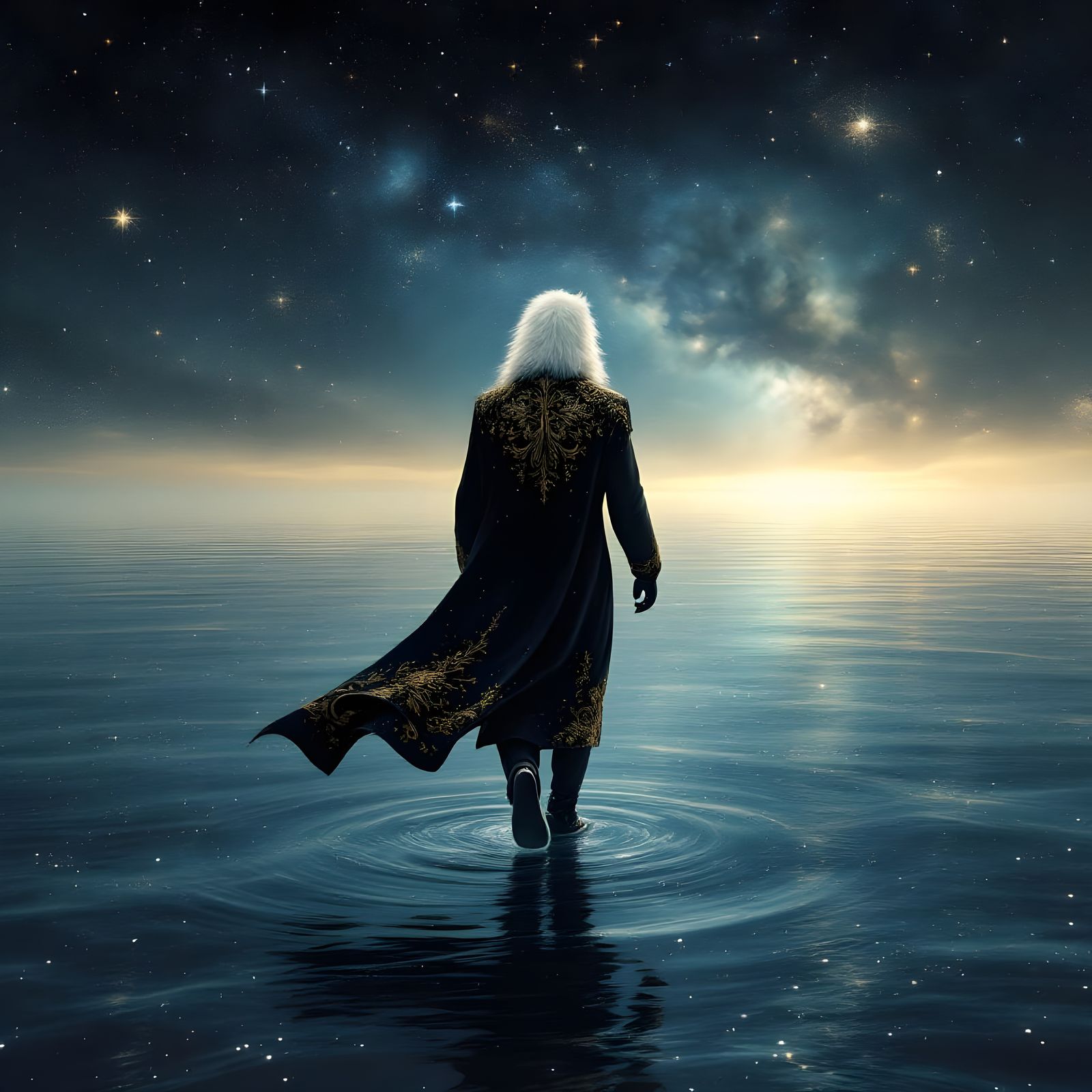 Majestic Snow-White Furred Creature in Luxurious Black Overc...