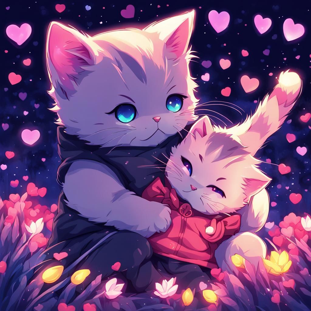 Cute Neon Kitten Dreaming of Love at Night