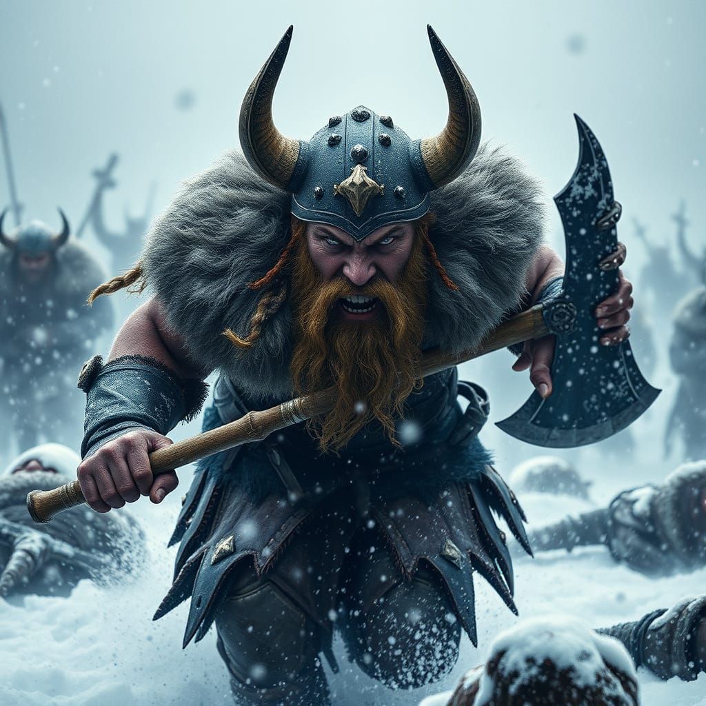 Viking Berserker in Raging Snowstorm, Dark Fantasy Style