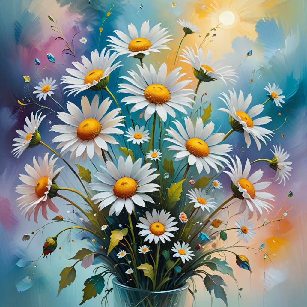 (daisies:1.1), Paul Klee and Marc Chagall, (stripes in the fog:1.5), iridescent colors, oil on canvas, brushstrokes, imp...