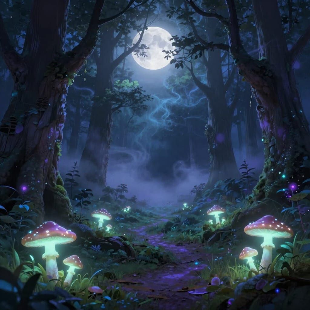 Ethereal Moonlight Forest Clearing with Glowing Mushrooms