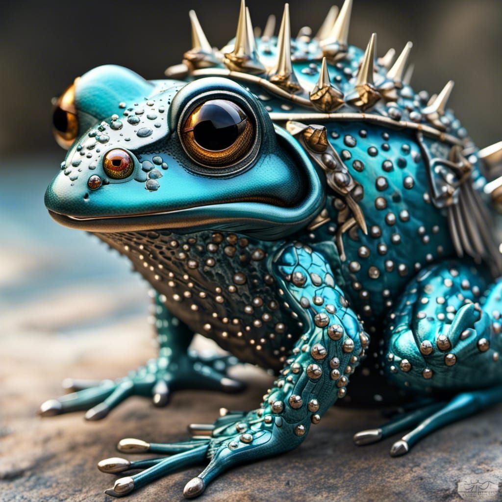 Armored Teal Frog Creature with Spiked Tail