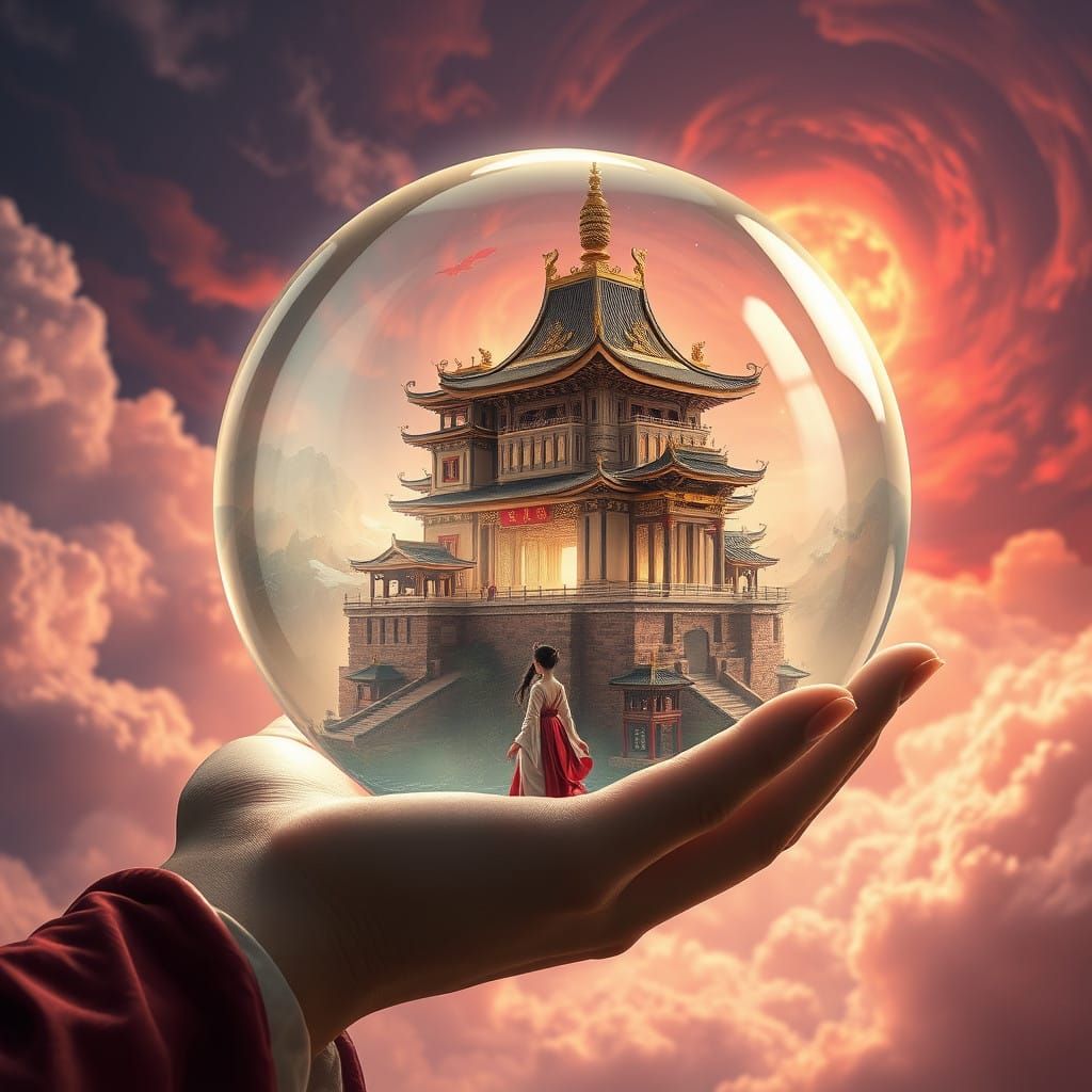 Ethereal Girl Cradles Ancient Chinese Castle in Marble Orb
