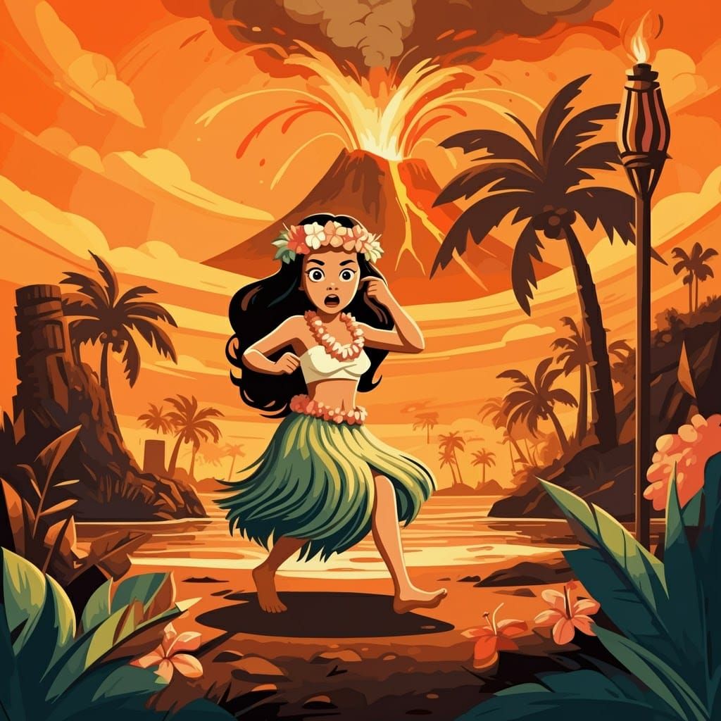 erupting volcano in the background behind a scared hula girl...