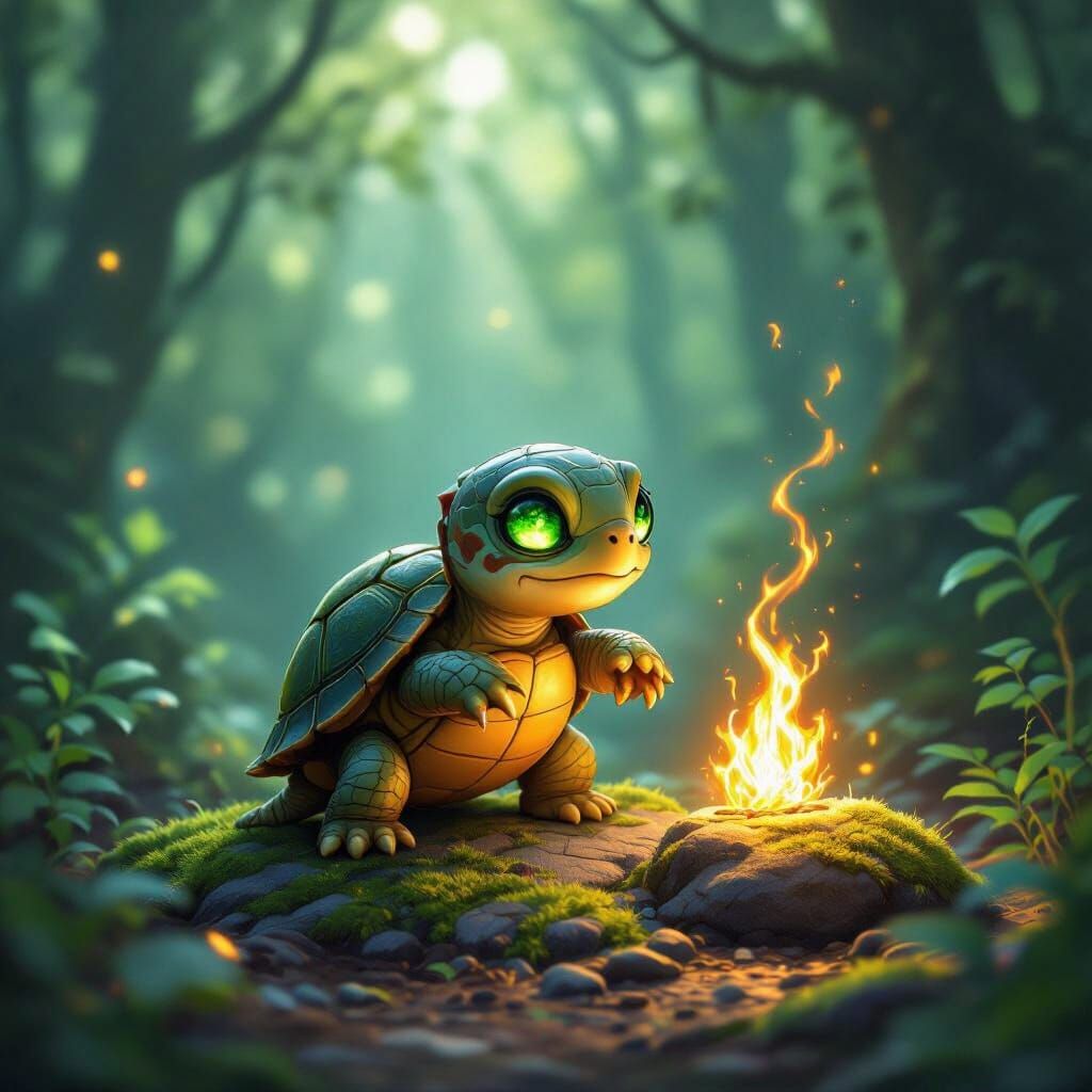 Cute Turtle Casts Fire Spell in Enchanted Forest
