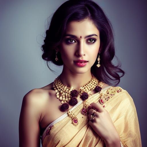 Sri Lankan Girl in Gold Saree with Black Roses