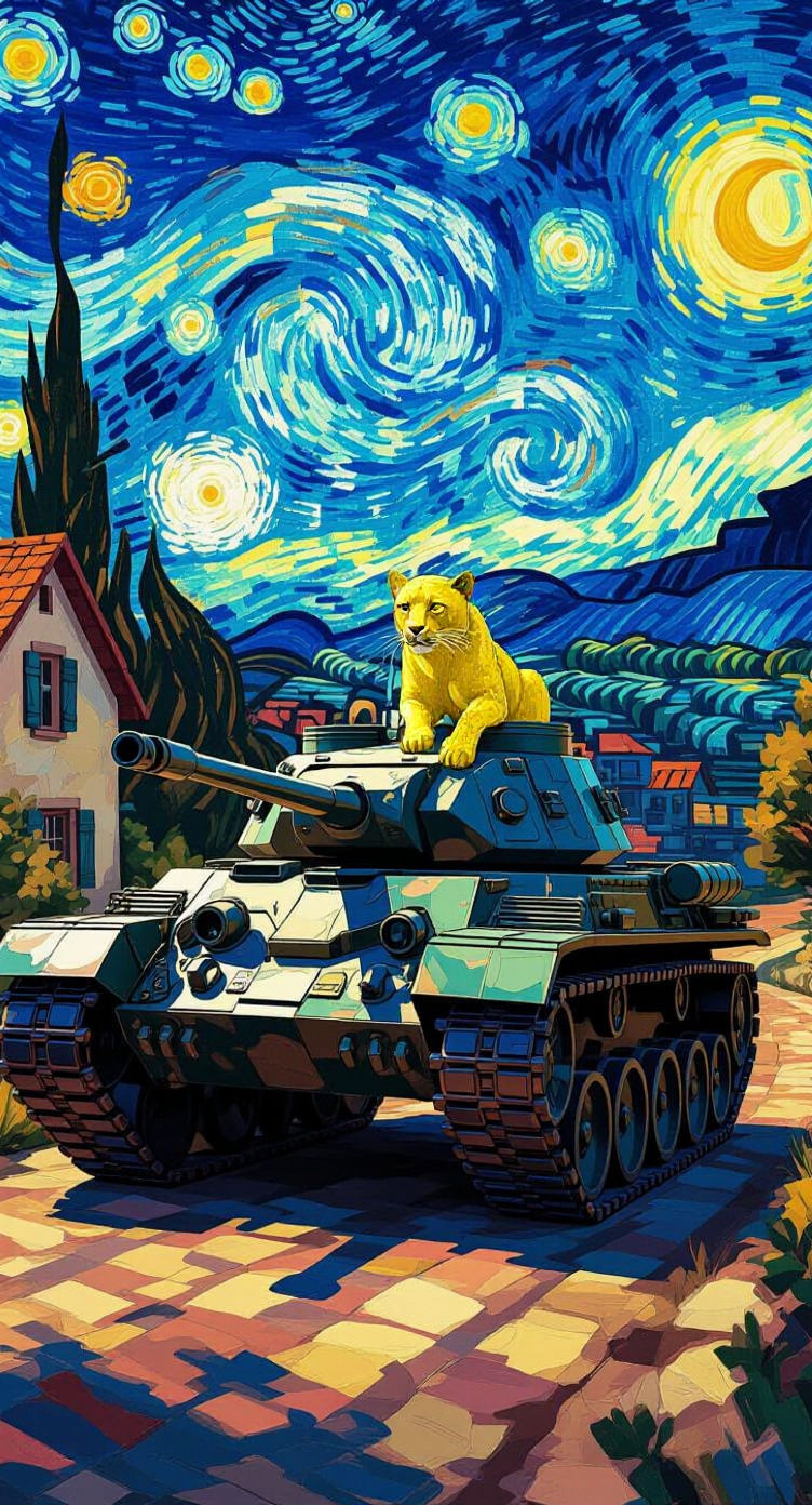 Panther Tank with House Scene, Van Gogh Style