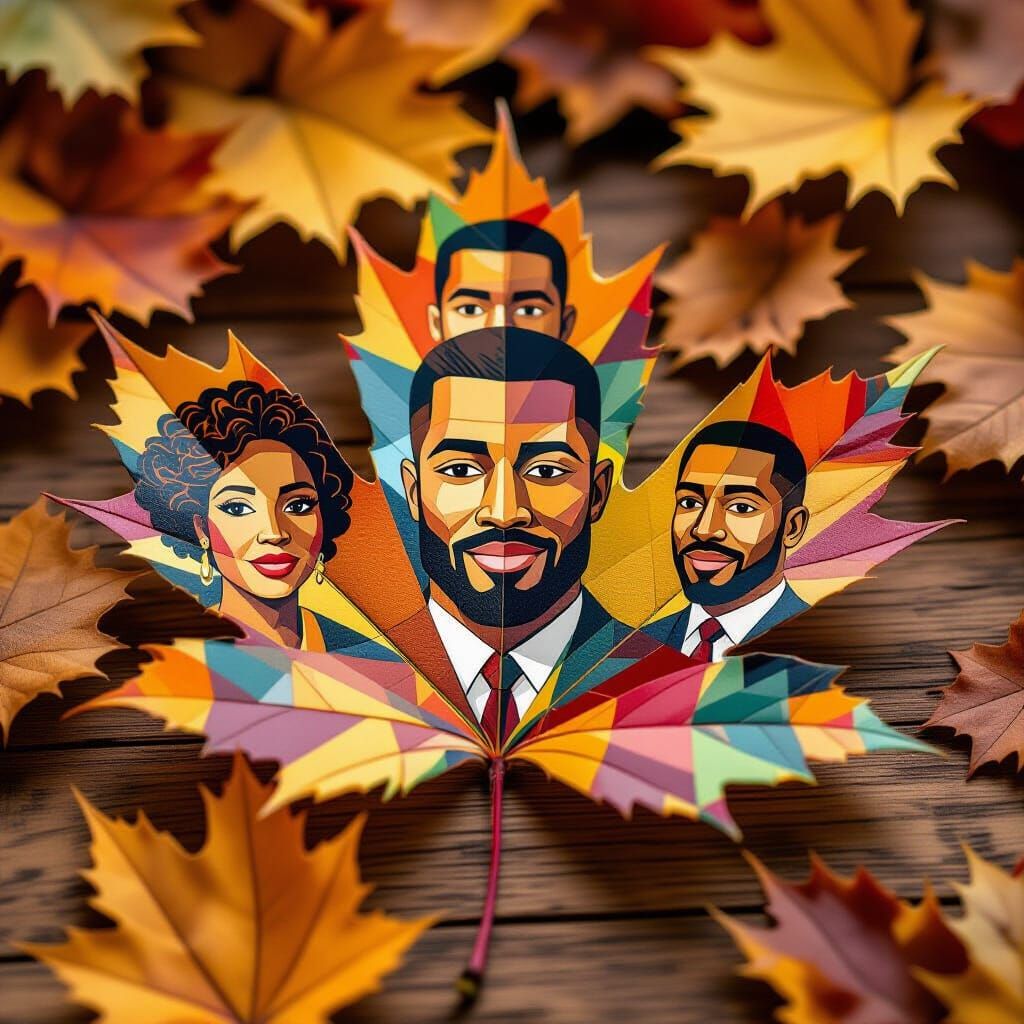 Neo-Cubist Autumn Leaves with Family Portraits