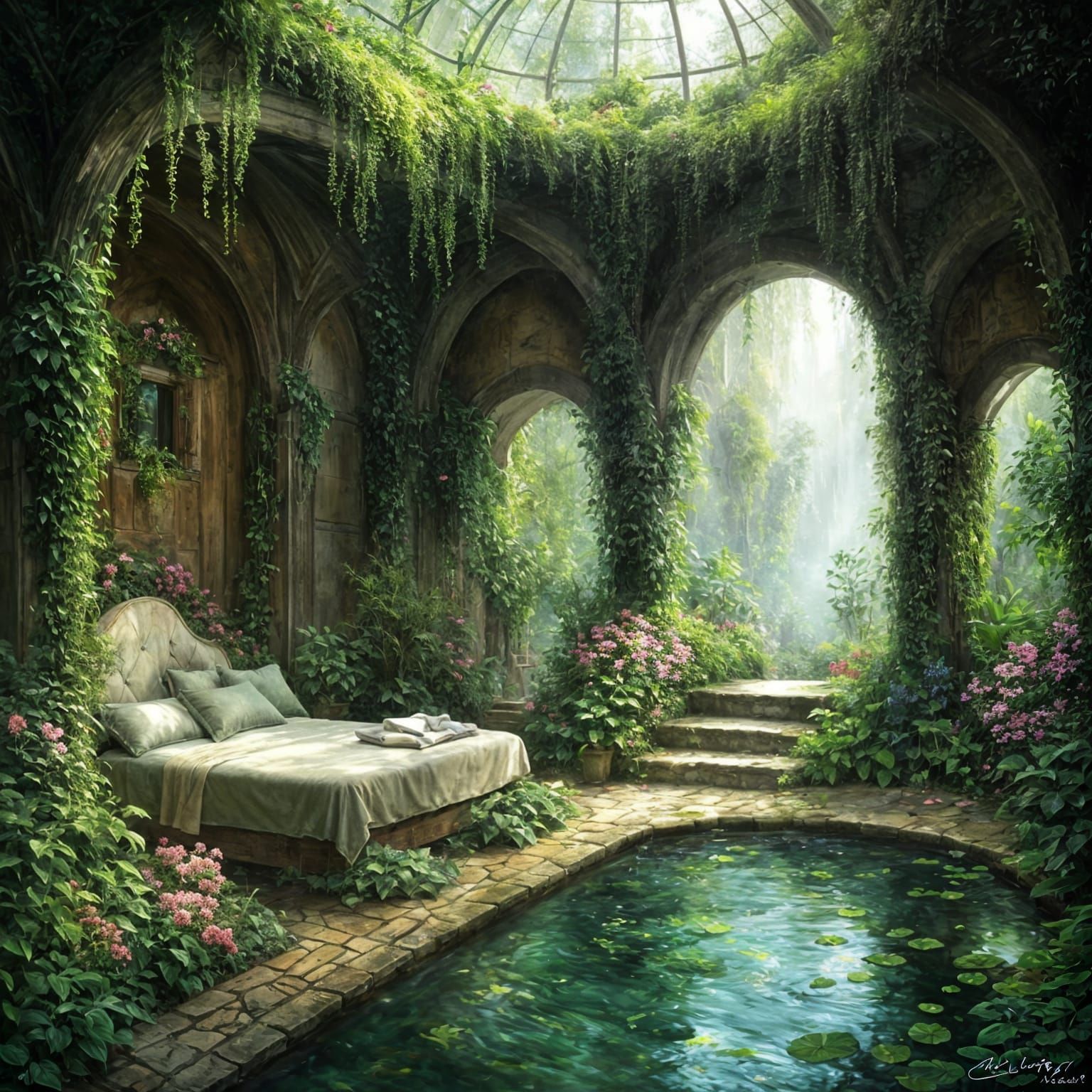 Lush Green Spa Retreat in Impressionist Style