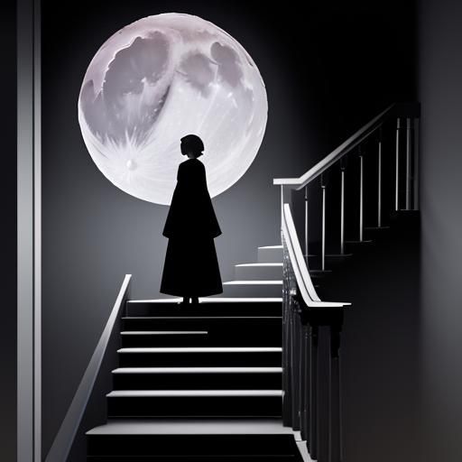 A (((minimalist moonlit staircase))), with its clean lines and subtle splendor, silhouetted shadows dancing in a serene ...