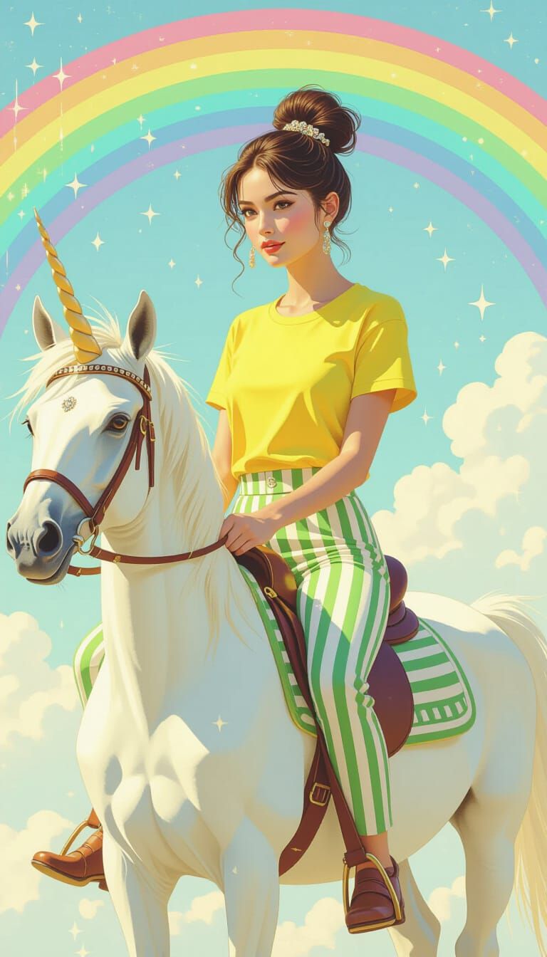 Woman Riding Unicorn Under Rainbow, Digital Art