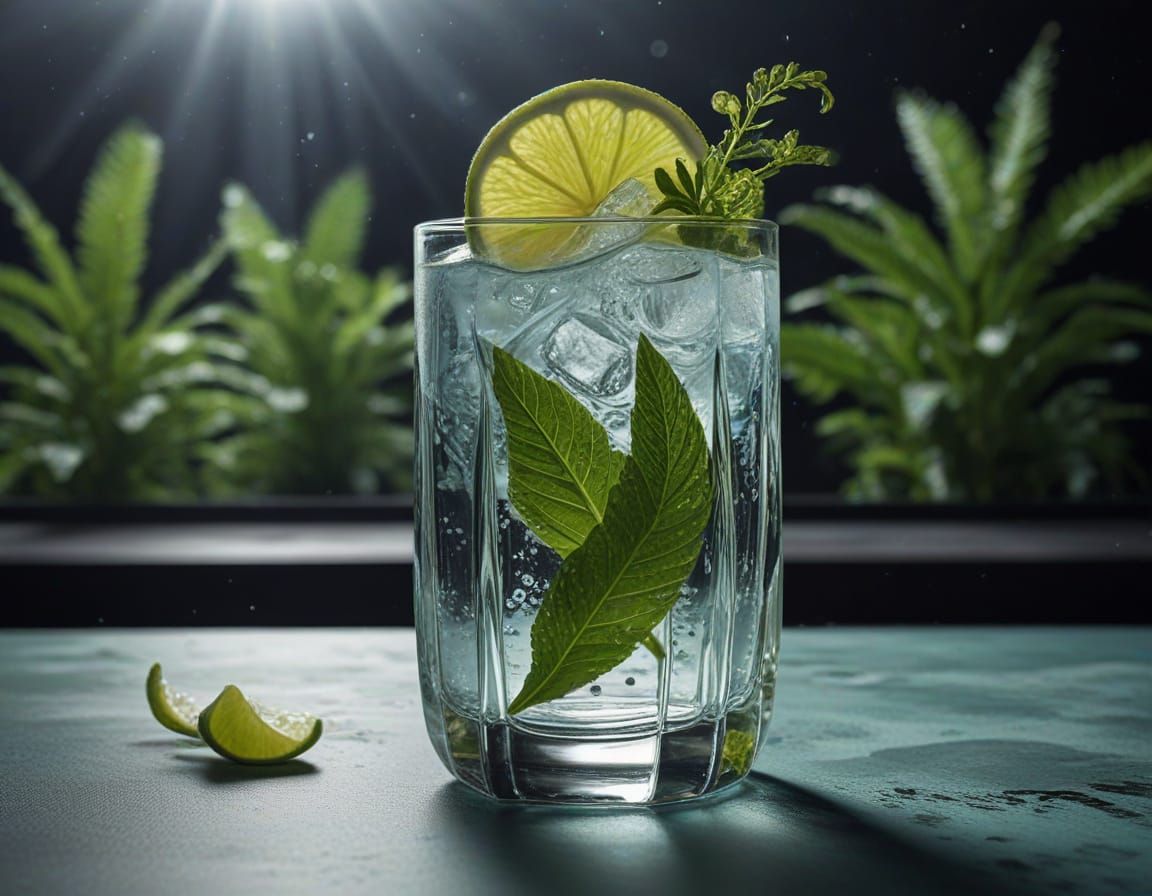 Crystal Clear Effervescent Drink in Bioluminescent Forest