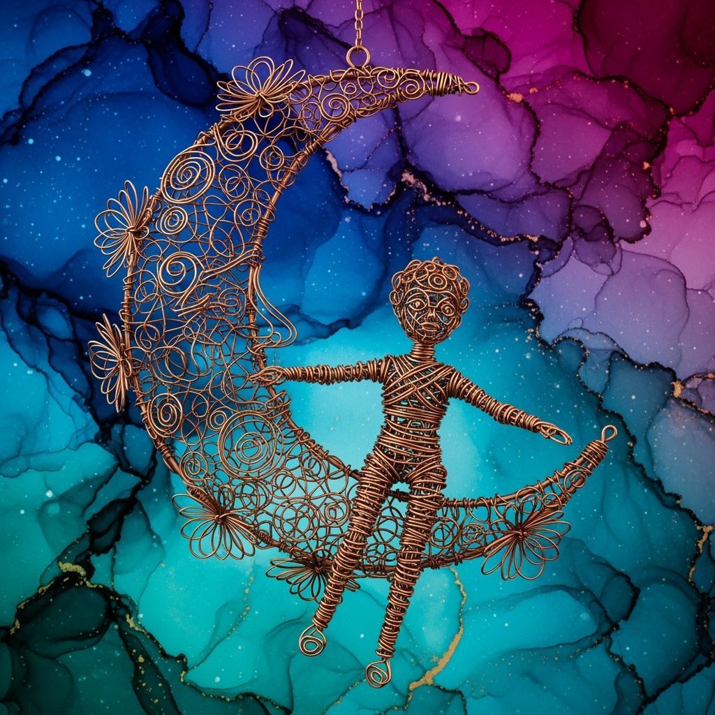 Bronze Wire Doll on Crescent Moon in Nebula Sky