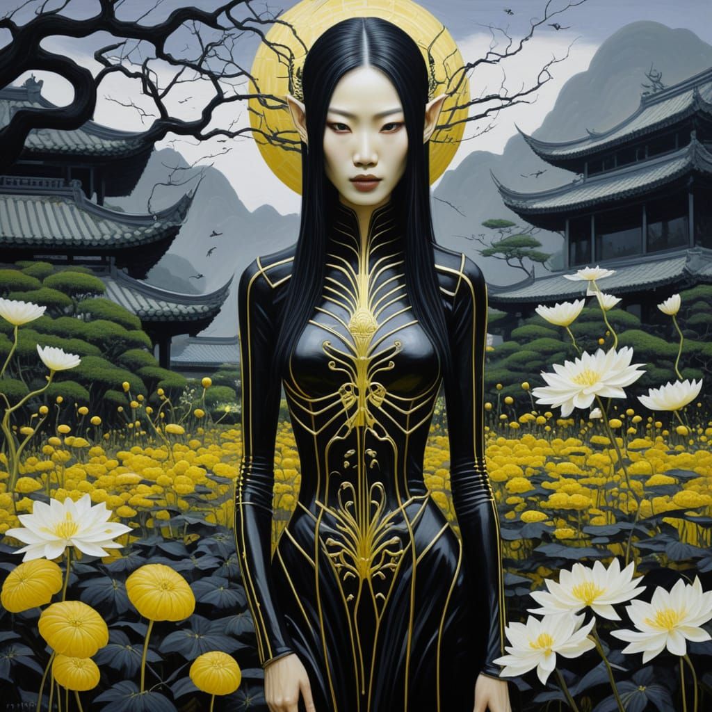Elegant Woman in Alien Garden Oil Painting