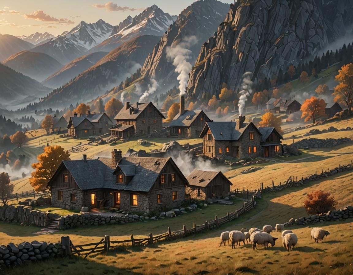 Mountain Houses at Sunrise in Misty Highlands