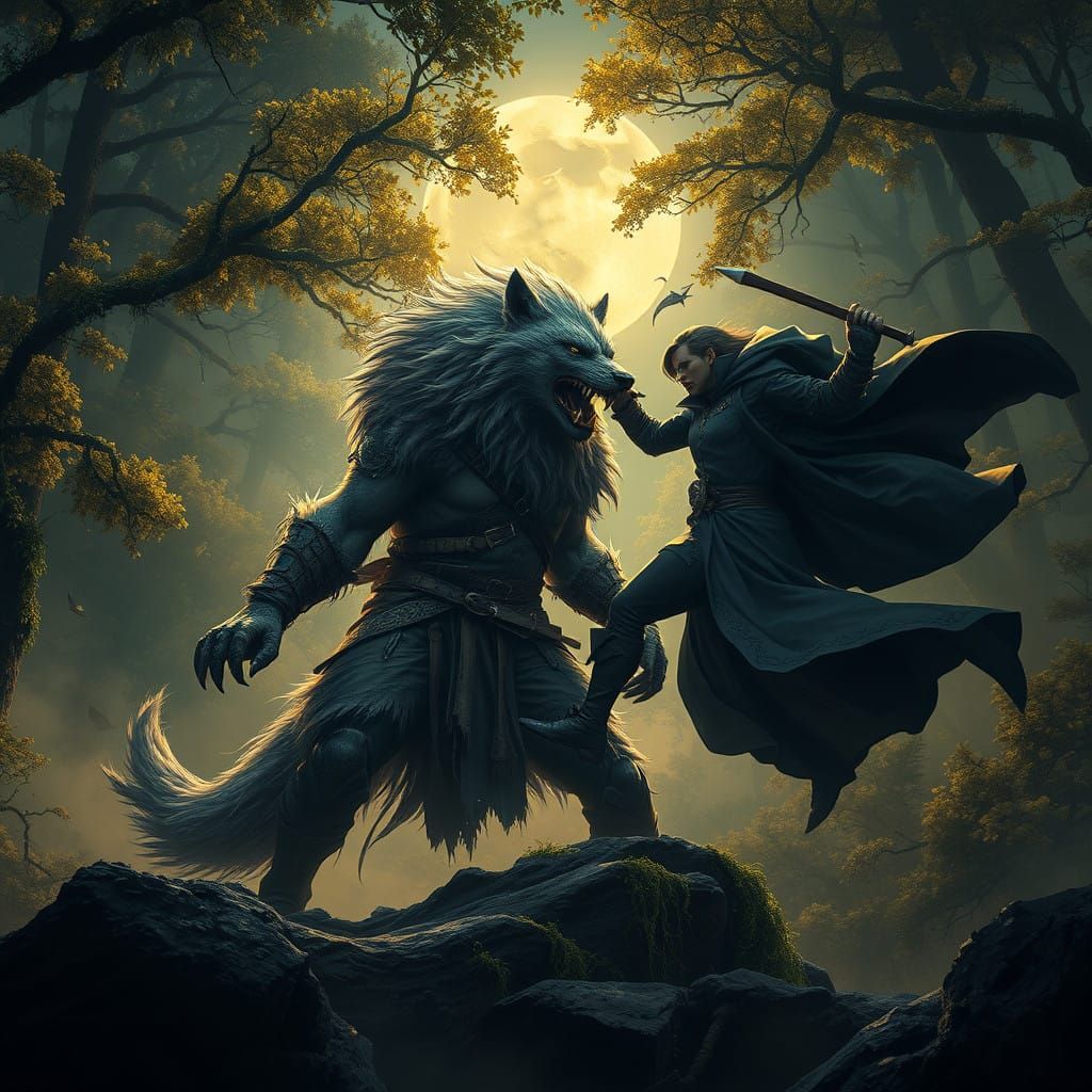 Majestic Wolf Man Battles Vampire Under Moonlit Forest Canop...