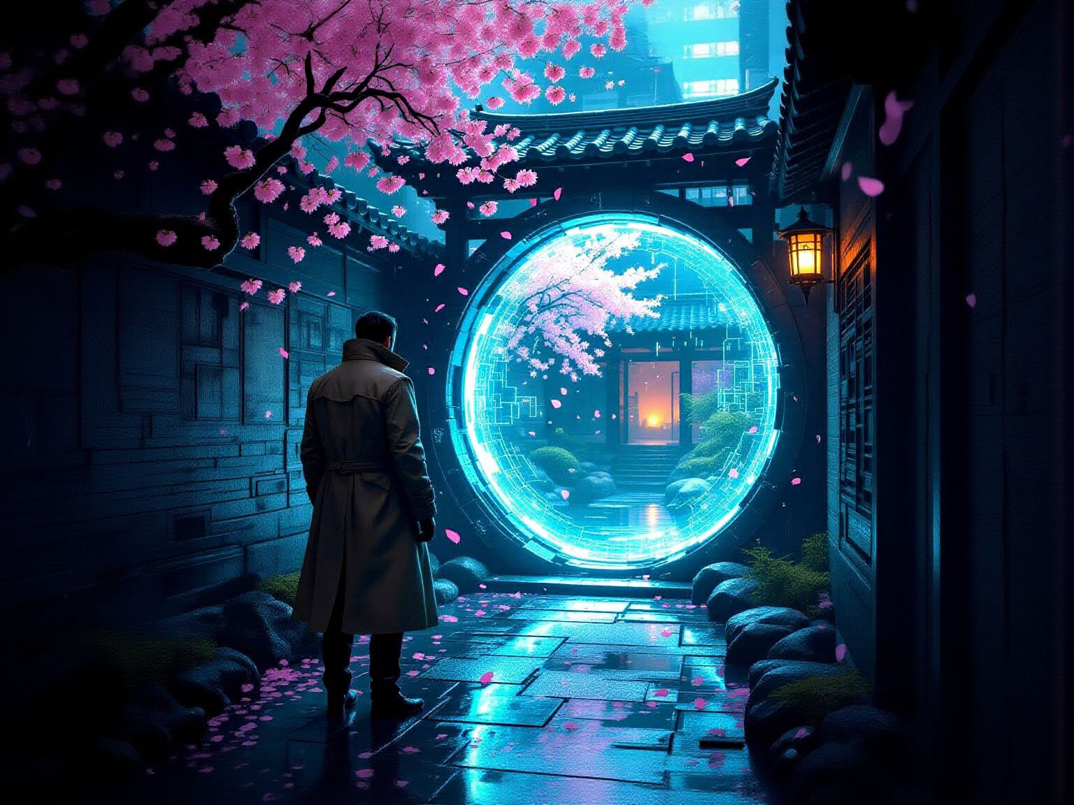 Cyberpunk Detective Investigates Zen Garden Portal