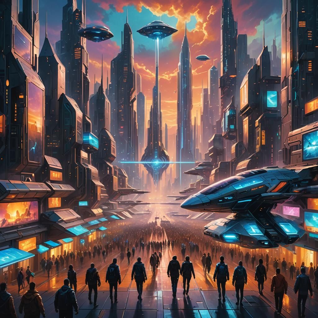 Humans Launch Spaceship in Triadic Color Cityscape