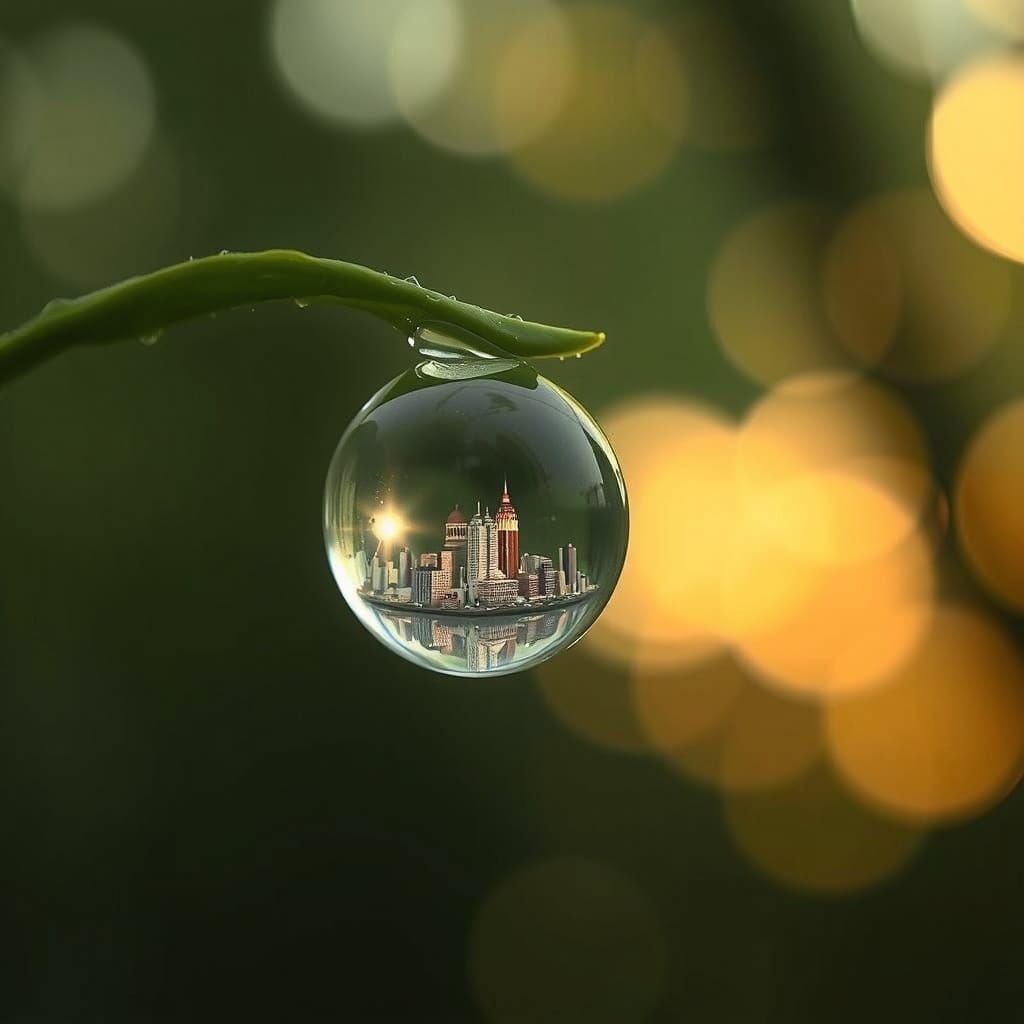 Miniature City Reflected in a Dewdrop
