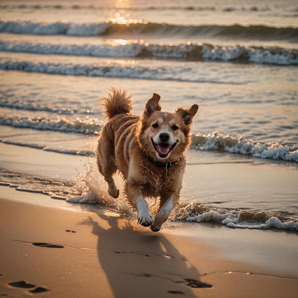 Dog Running on Beach at Sunset: Golden Hour Photography