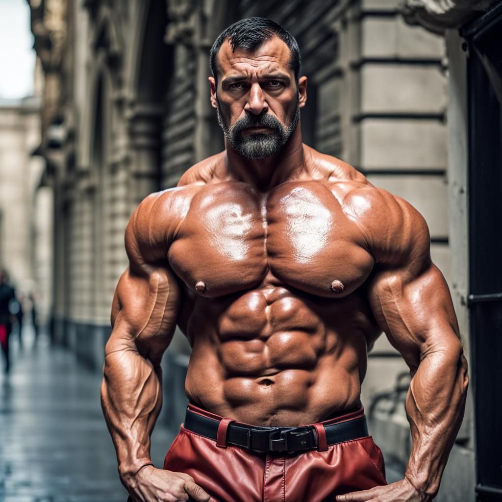 Muscular Romanian Security Man Smoking, Hyperrealistic Portr...