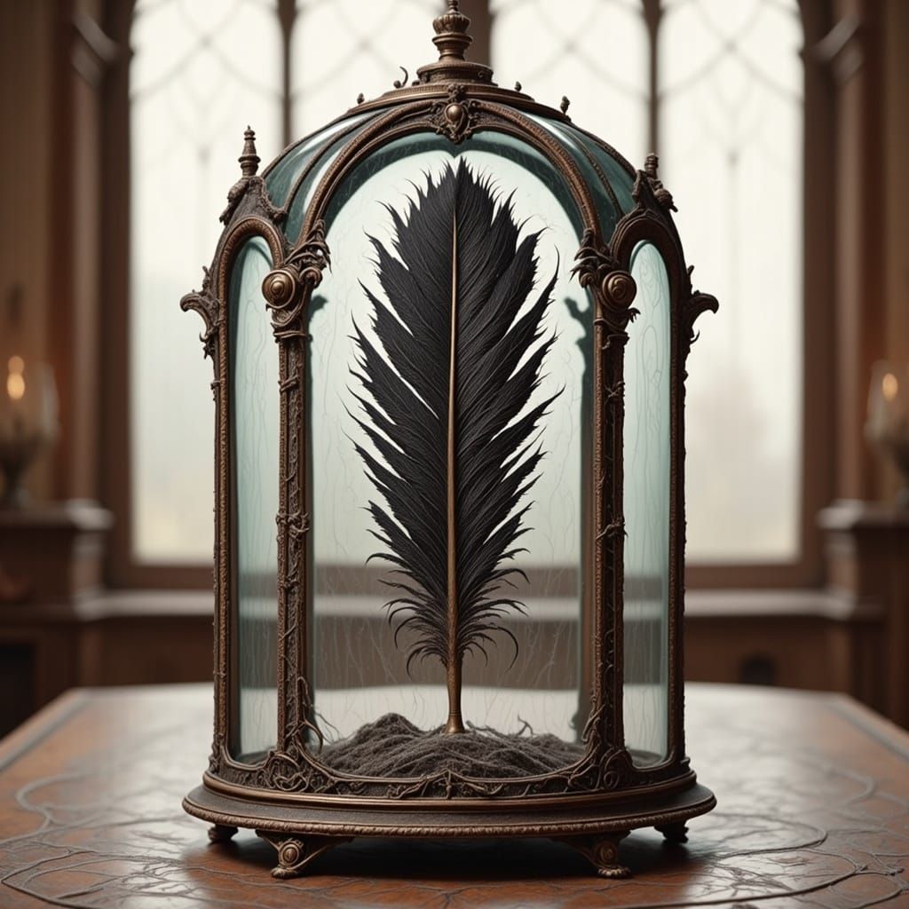 Blackened Feather Display in Glass Case