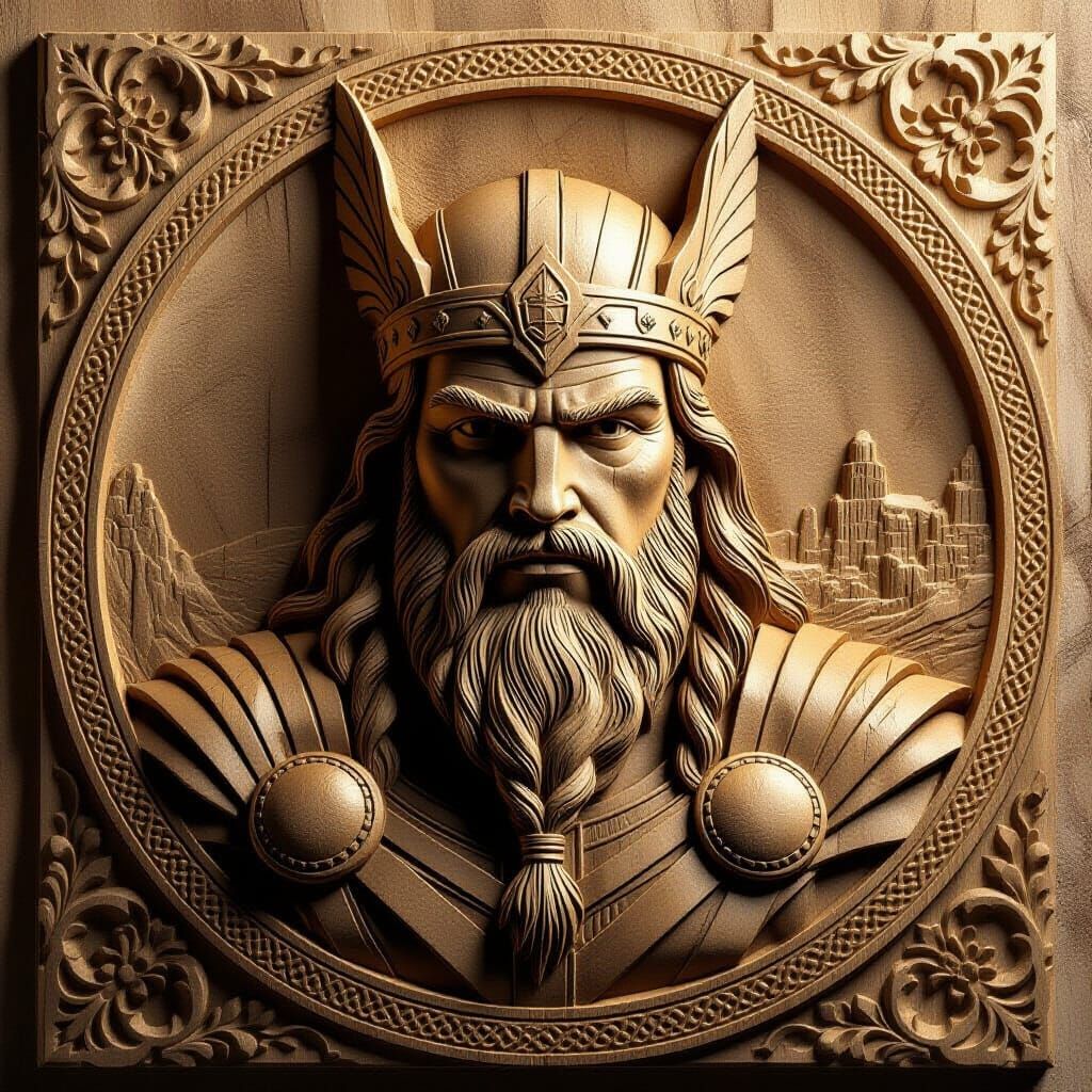 Highly Detailed Bas-Relief of Thor in Carved Wood
